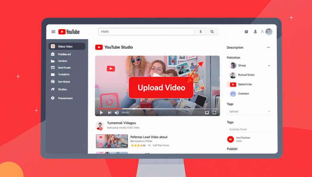 Step-by-step illustration showing the process of uploading a video to YouTube, including selecting the upload button, dragging video files, setting title and description, choosing thumbnail, and clicking publish on the YouTube Studio interface How to Upload Video on YouTube