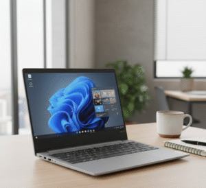 Lenovo Smartchoice IdeaPad Slim 3 Core i7 laptop on a modern work desk, showcasing slim design and professional display for everyday productivity.