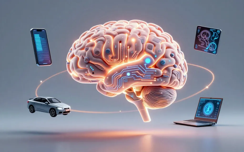 What is artificial intelligence illustrated as a data powered human brain connected to digital circuits and everyday technology used in 2026.